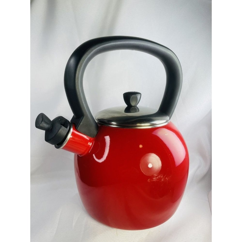 COPCO Camden Red Tea Kettle Enamel on Steel Whistling 6 Cup Distressed